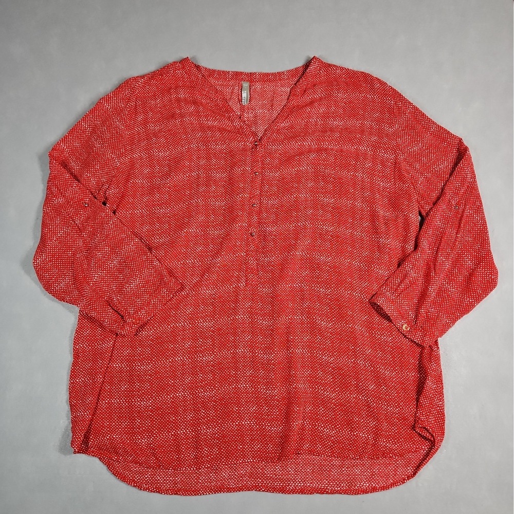 1775 Womens Red White Print Roll Tab Long Sleeve V Neck Blouse Size XL